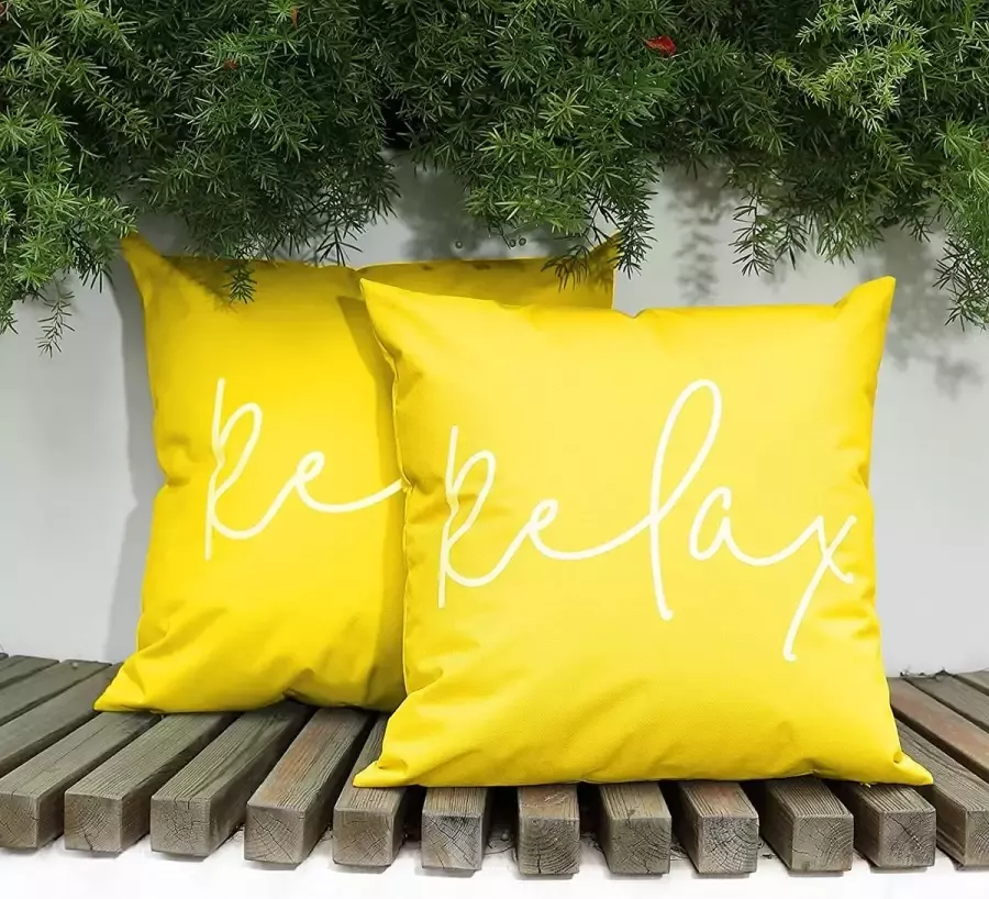 Outdoor Cushion Cover Pack of 2 Waterproof Cushion Cover with Relax Print UV Protection Polyester Decorative Cushion Cover with PU Coating for Sofa Chair Garden Lounge (45 x 45 cm) Yellow