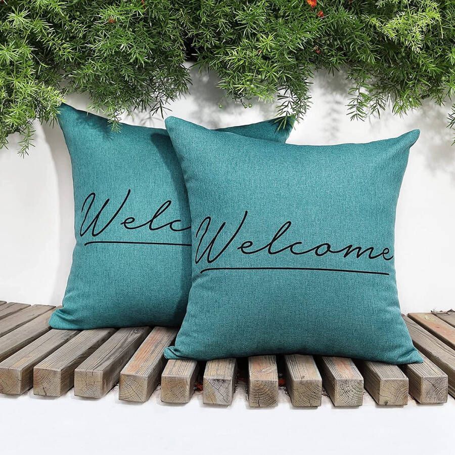 Outdoor Cushion Cover Pack of 2 Waterproof Cushion Cover with Welcome Prints UV Protection Decorative Cushion Cover with Coating for Sofa Chair Garden Lounge (45 x 45 cm) Green