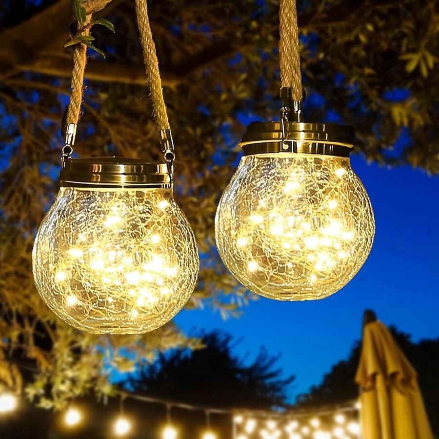 Outdoor hangende decoratieve zonne-verlichting met 30 LED waterdichte zonne-verlichting voor in de tuin 2 Pack Solar Lantern Solar Powered Jar Lamp voor Patio Garden Yard Deck Court Decor (warm wit)