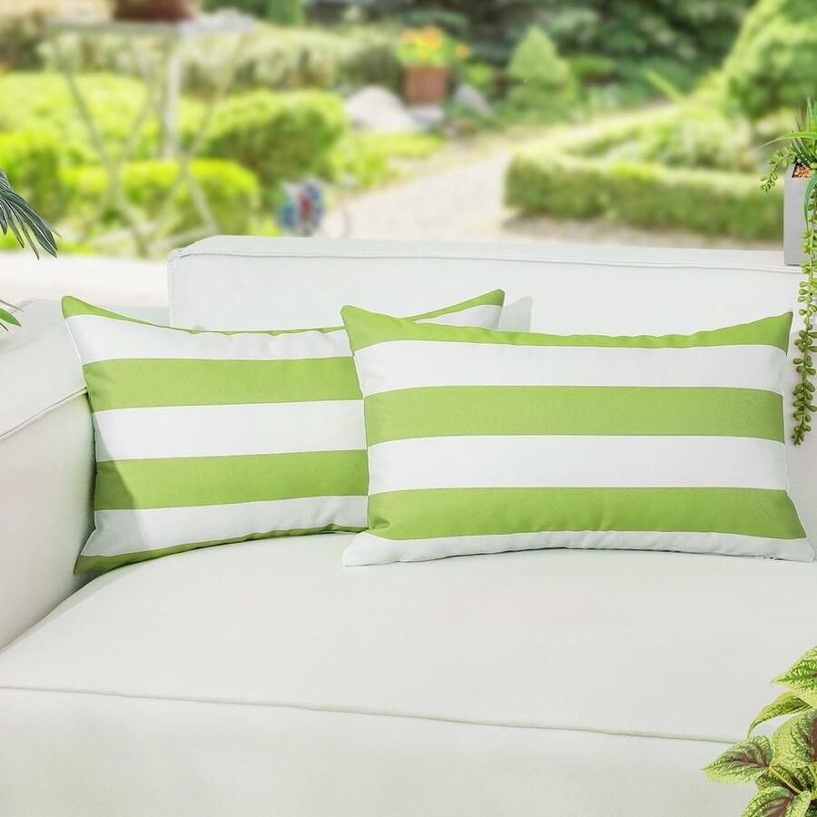Outdoor kussenhoezen 2 stuks 30 x 50 cm vierkante strepen waterdichte kussenhoezen voor buitenterras veranda boerderij tuin balkon bank groen en wit