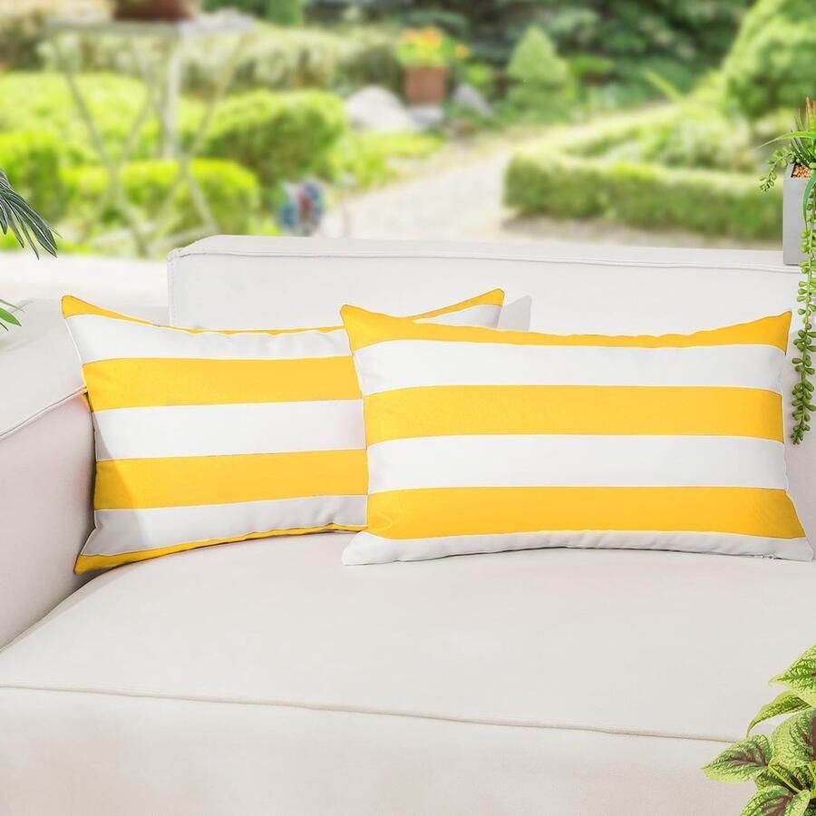 Outdoor kussenhoezen 2 stuks 30 x 50 cm vierkante strepen waterdichte kussenslopen voor buiten terras veranda boerderij tuin balkon bank geel en wit
