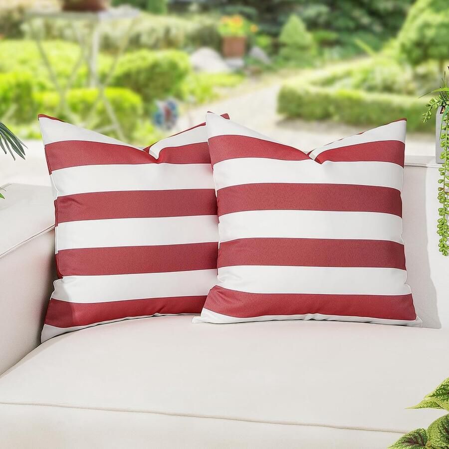 Outdoor kussenhoezen 2 stuks 45 x 45 cm vierkante strepen waterdichte kussenhoezen voor buitenterras veranda boerderij tuin balkon bank rood en wit