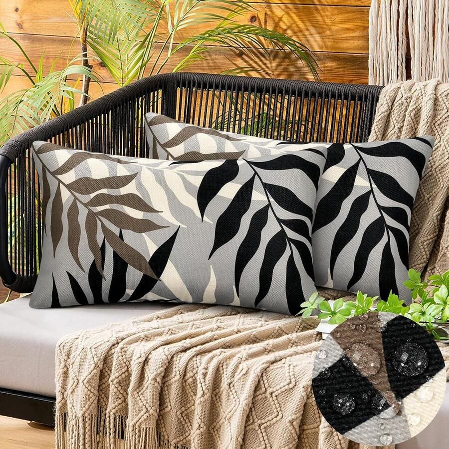 Outdoor kussensloop waterdicht bladpatroon kussensloop grijs bankkussen overtrek voor bank slaapkamer set van 2 30 x 50 cm grijsbruin voor bank kussensloop zwart-wit
