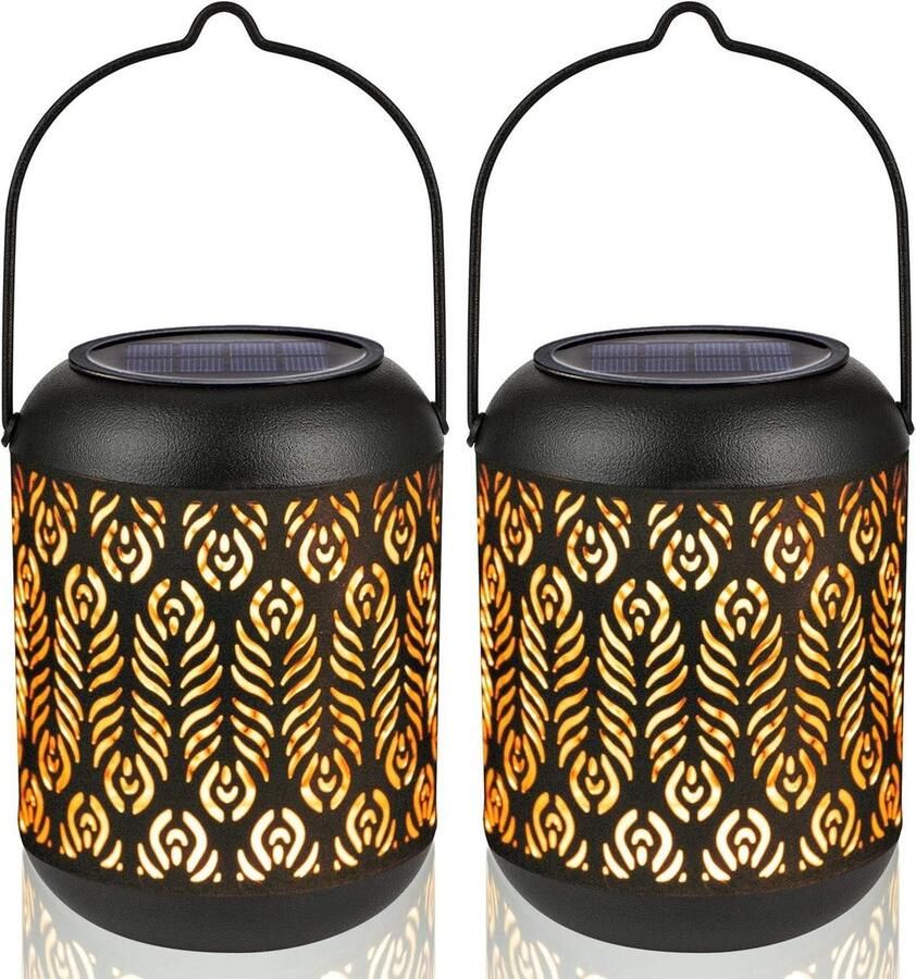Outdoor Solar Lantern Metal LED Decoratief Sfeer Opknoping Licht Waterdicht Zonne-energie Silhouet Tafellamp Binnenplaats Walkway Party Set van 2