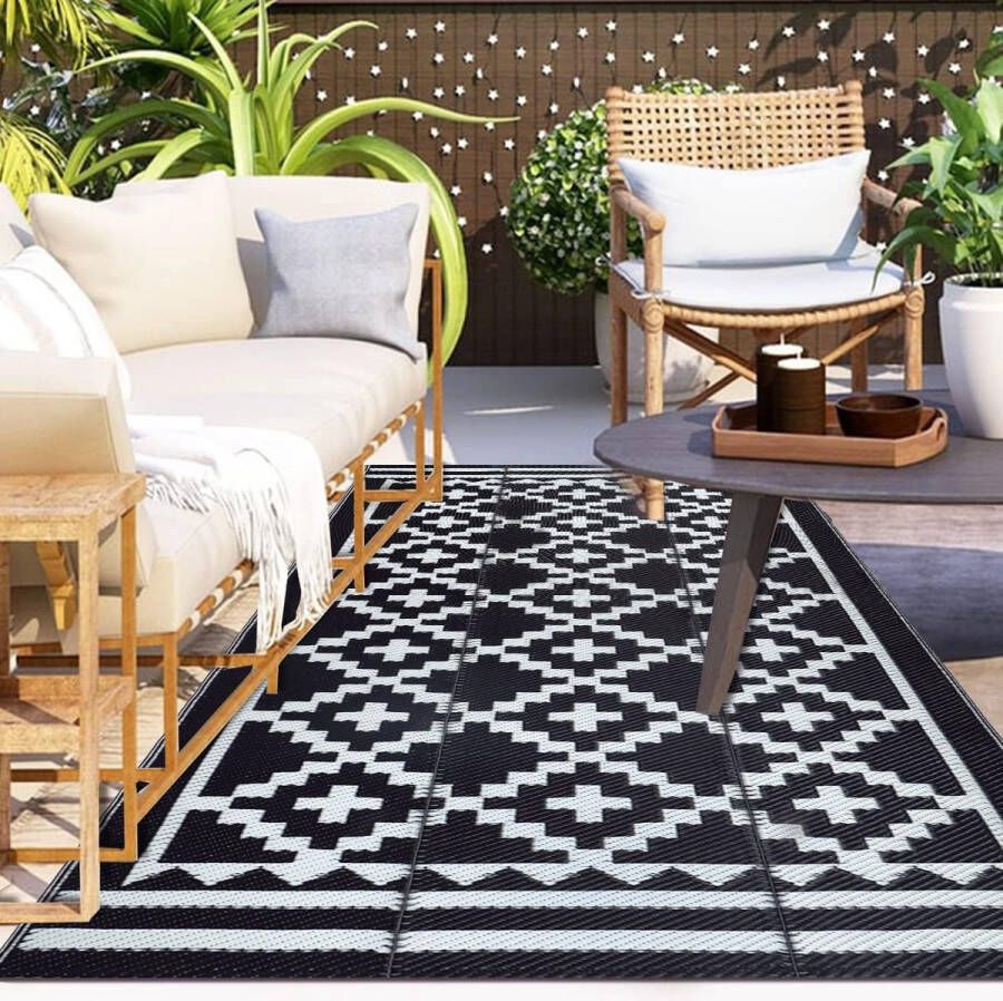 Outdoor Tapijt 120x180cm Weerbestendig Kunststof Stro Tapijt Omkeerbare Vloermat Gerecycled RV Camping Tapijt Terras Tapijt voor Patio Balkon Strand BBQ Picknick (Zwart en Wit)