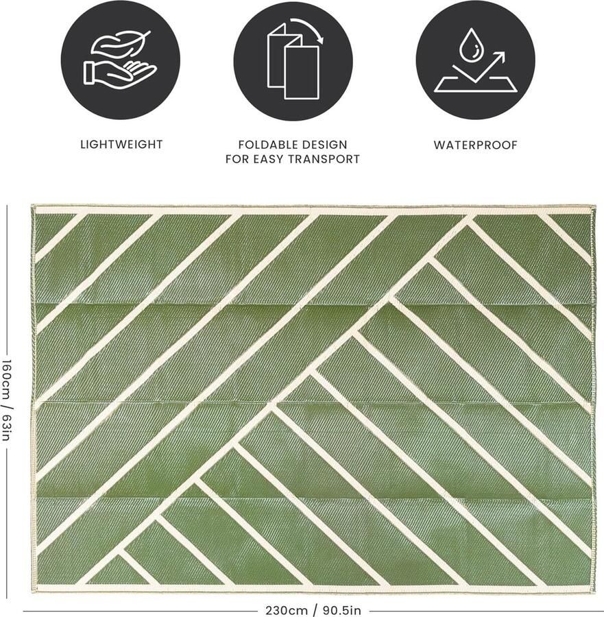Outdoor tapijt waterdicht omkeerbaar groot 160 x 230 cm olijfgroen & crème geo-lijnen vloerkleden voor tuin buiten terras camping terras achtertuin picknick