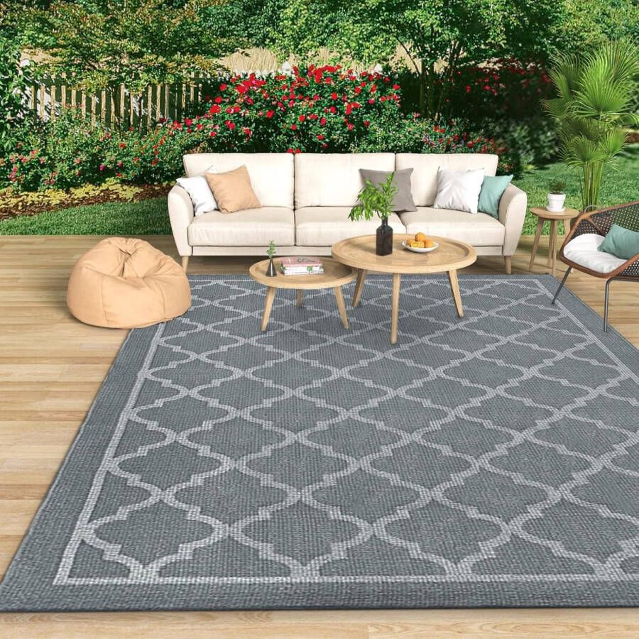 Outdoor tapijt weerbestendig 120 x 160 cm balkontapijt zomer campingtapijt boho grijs buitentapijt voor terras wasbaar tapijt outdoor antislip voor outdoor woonkamer Lattice