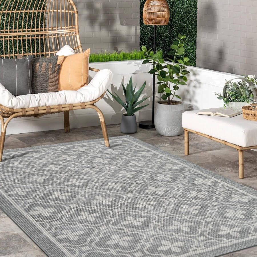Luxiba Outdoor tapijt weerbestendig 160 x 230 cm balkontapijt lente camping tapijt boho grijs bloem buitentapijt voor terrasvrijgeven wasbaar tapijt outdoor antislip voor binnen en buiten