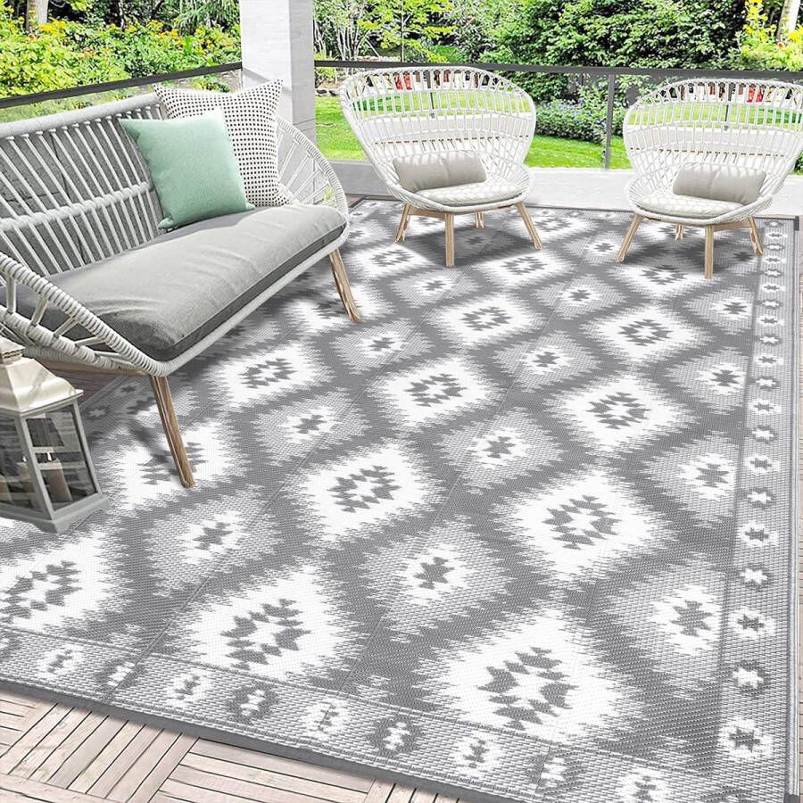 Outdoor tapijt weerbestendig grijs 150 x 240 cm balkontapijt groot campingtapijt tuin tapijt outdoor picknickdeken opvouwbaar vloermat voor binnen en buiten