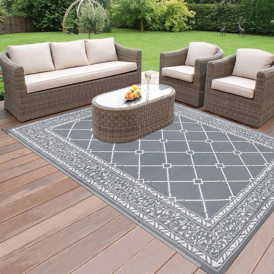 Outdoor tapijt weerbestendig grijs groot 150 x 210 cm picknickdeken uv-bestendig campingtapijt kunststof tapijt outdoor wasbaar tuintapijt omkeerbaar balkontapijt voor terras tuin