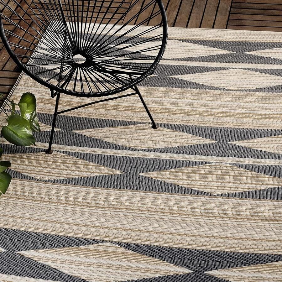 Outdoor tapijt weerbestendig kleurecht omkeerbaar gerecyclede premium kunststof geometrisch tribal terras balkon tuin hal badkamer loper Cairo natuur en zwart 90 x 150 cm