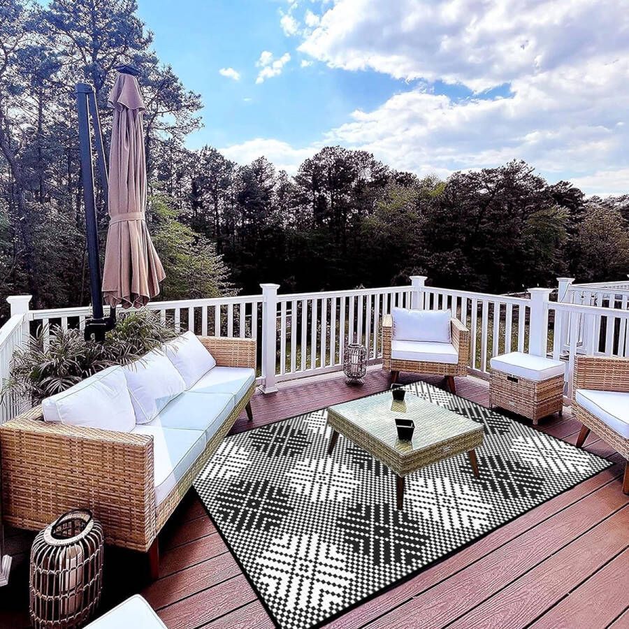 Outdoor Tapijt Weerbestendig Waterdicht Zanddicht Opvouwbaar en Wasbaar Picknickkleed voor Camping Balkon Tuin Terras Strand Tapijt 100 x 150 cm Wit en Zwart Mat