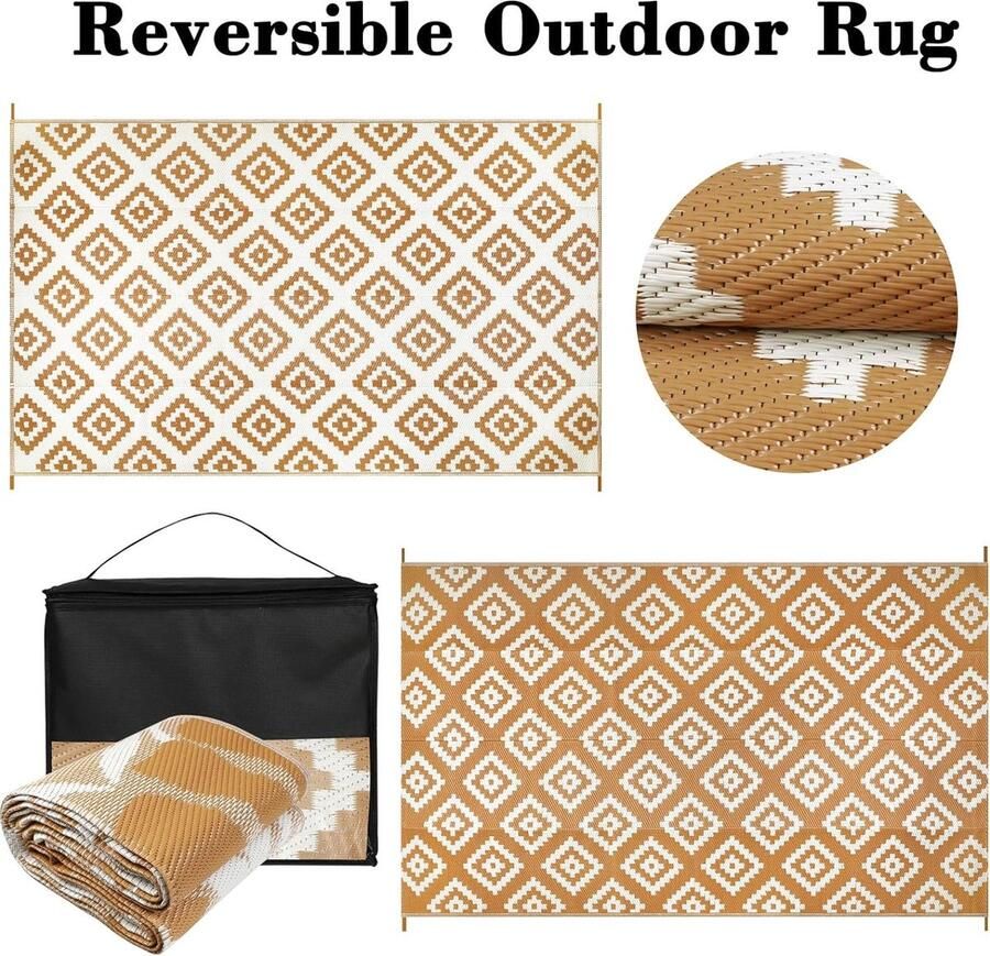 Outdoor tapijten 150 x 245 cm omkeerbare matten UV-bestendige campingmat plastic stro tapijt gerecycled buitengebied tapijt voor patio picknick (bruin-beige)