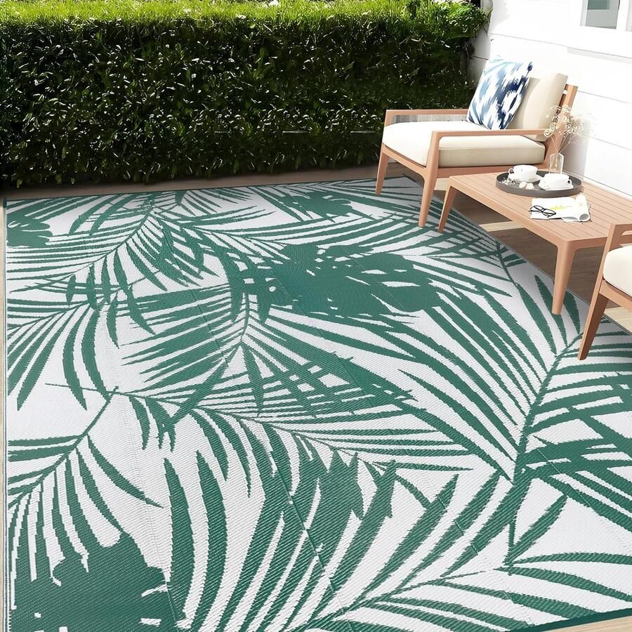 Outdoor tapijten waterdicht groot terras tuin tapijten draagbare camping mat lichtgewicht picknick deken vloermat voor balkon dek achtertuin veranda strand BBQ (groen-wit 180 x 270 cm)