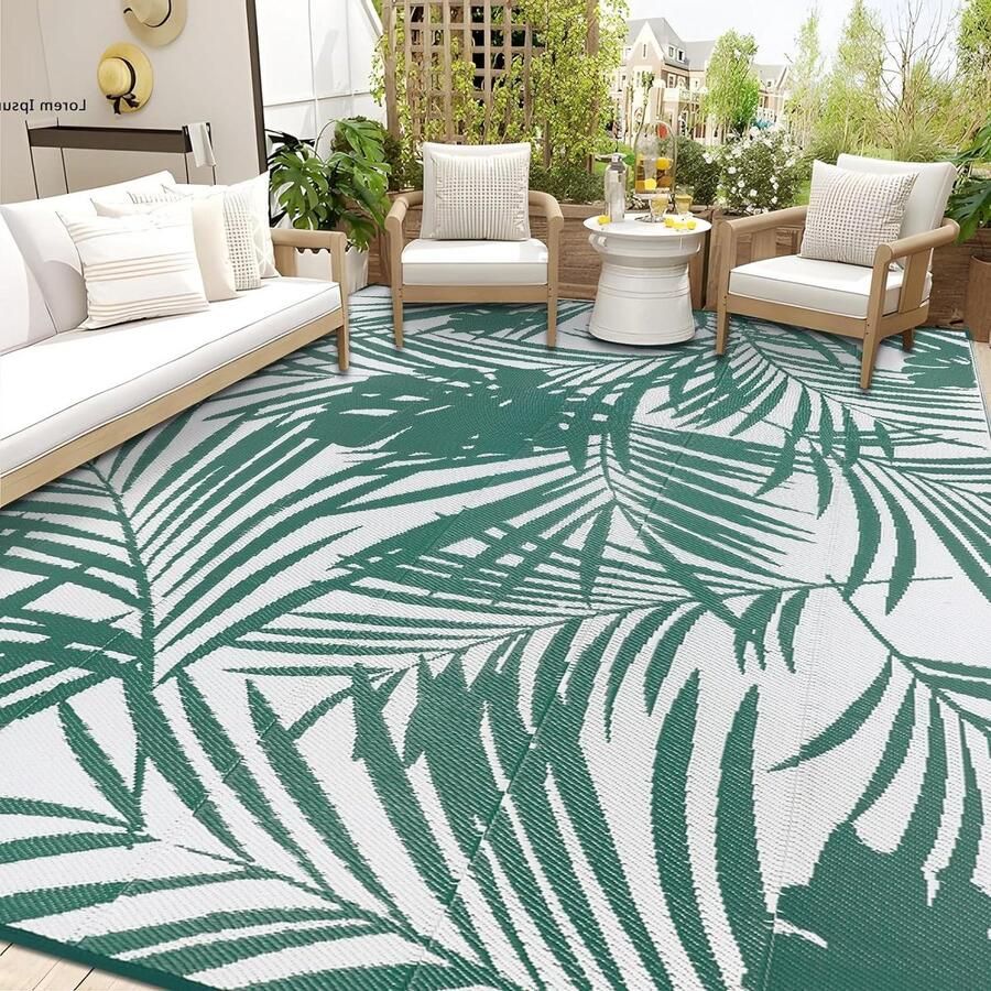 Outdoor waterdicht terrastapijt Famibay tapijt voor tuin en balkon camping mat picknickdeken plastic stro tapijt strand BBQ mat groen-wit 150 x 245 cm vloerkleed