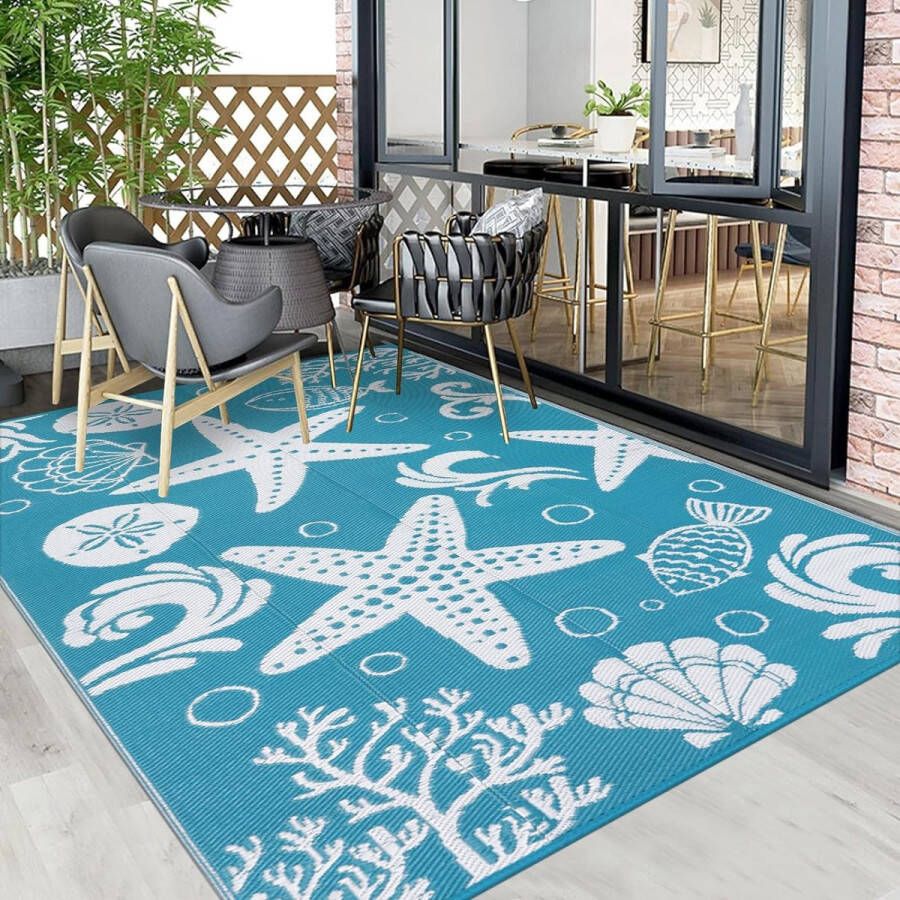 Outdoortapijt kleurecht plat weefsel picknickkleed duurzaam omkeerbaar kunststof balkontapijt gerecycled campingtapijt voor terras tuin ingang 150 x 240 cm turquoise