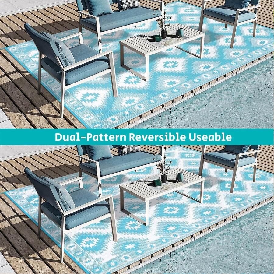 Outdoortapijt turquoise weerbestendig kunststof tapijt voor buiten picknickdeken wasbaar groot 150 x 240 cm tuintapijt omkeerbaar campingdeken opvouwbaar gerecycled tapijt voor