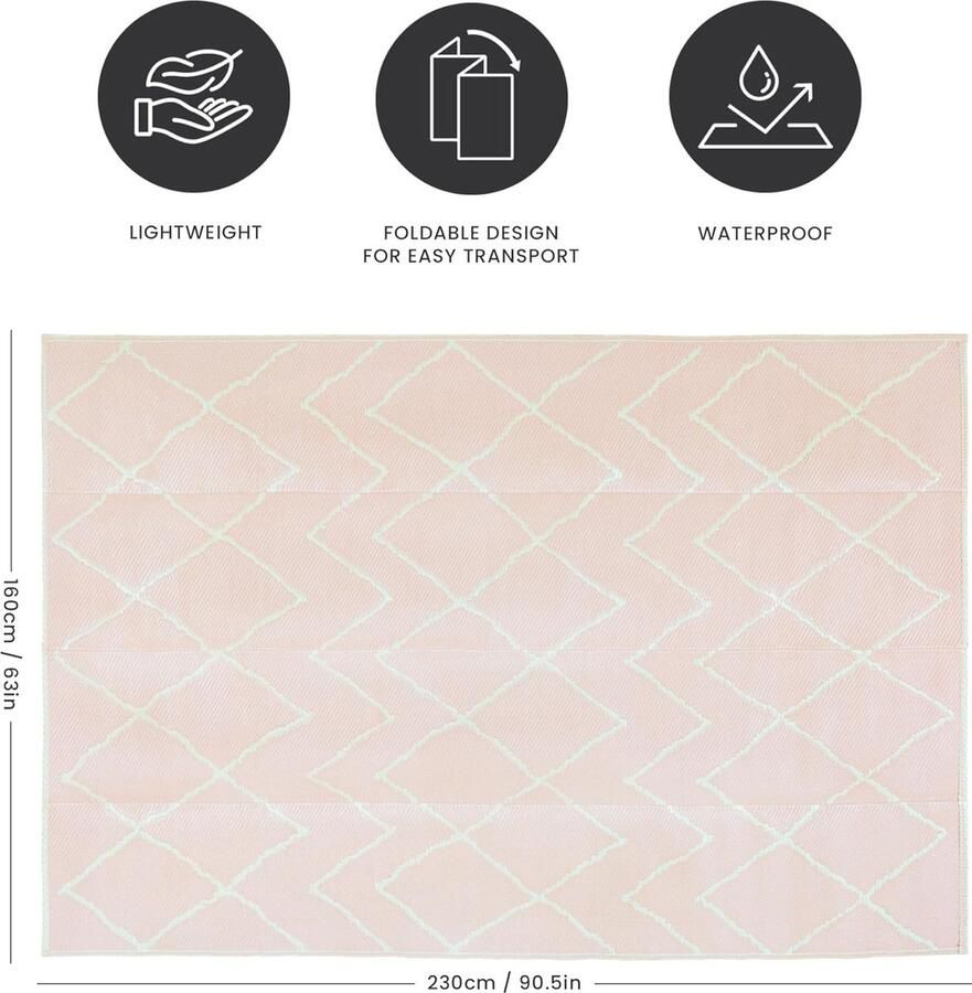 Outdoortapijt waterdicht omkeerbaar groot 160 x 230 cm pastelroze en crème voor tuin buiten terras camping terras achtertuin picknick