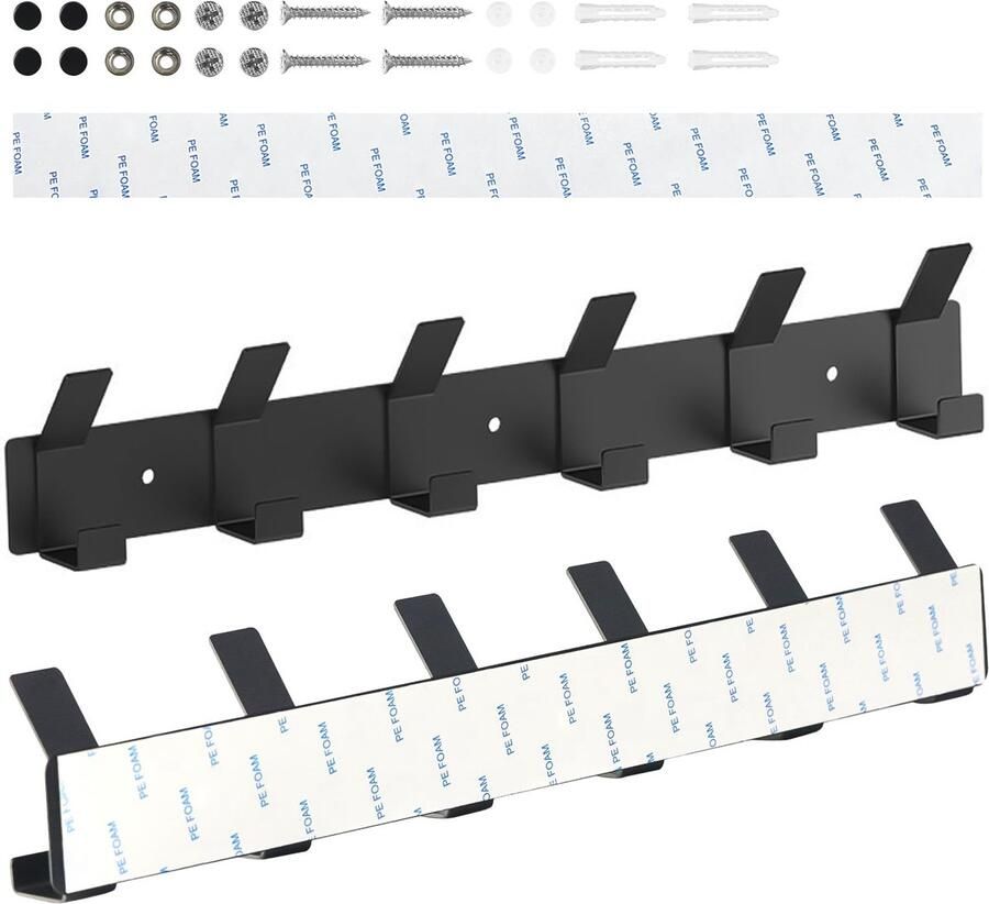 Ouzionz 2-pack kapstokhaken wandgemonteerd matzwart kapstok met 6 haken metalen kapstokhaken met haakrail kledingkast voor slaapkamers badkamers keukens