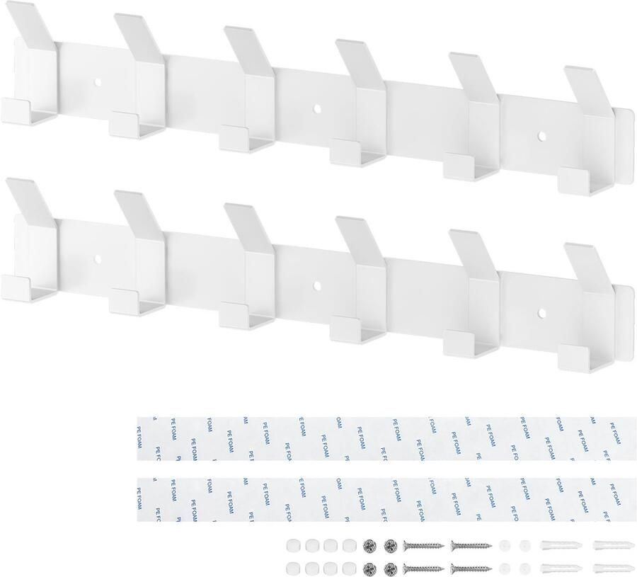 Ouzionz 2 stuks kapstokhaken wandkapstok mat wit met 6 haken kapstokhaken kapstok metalen kapstokhaken met haakrail kapstok voor slaapkamers badkamers en keukens
