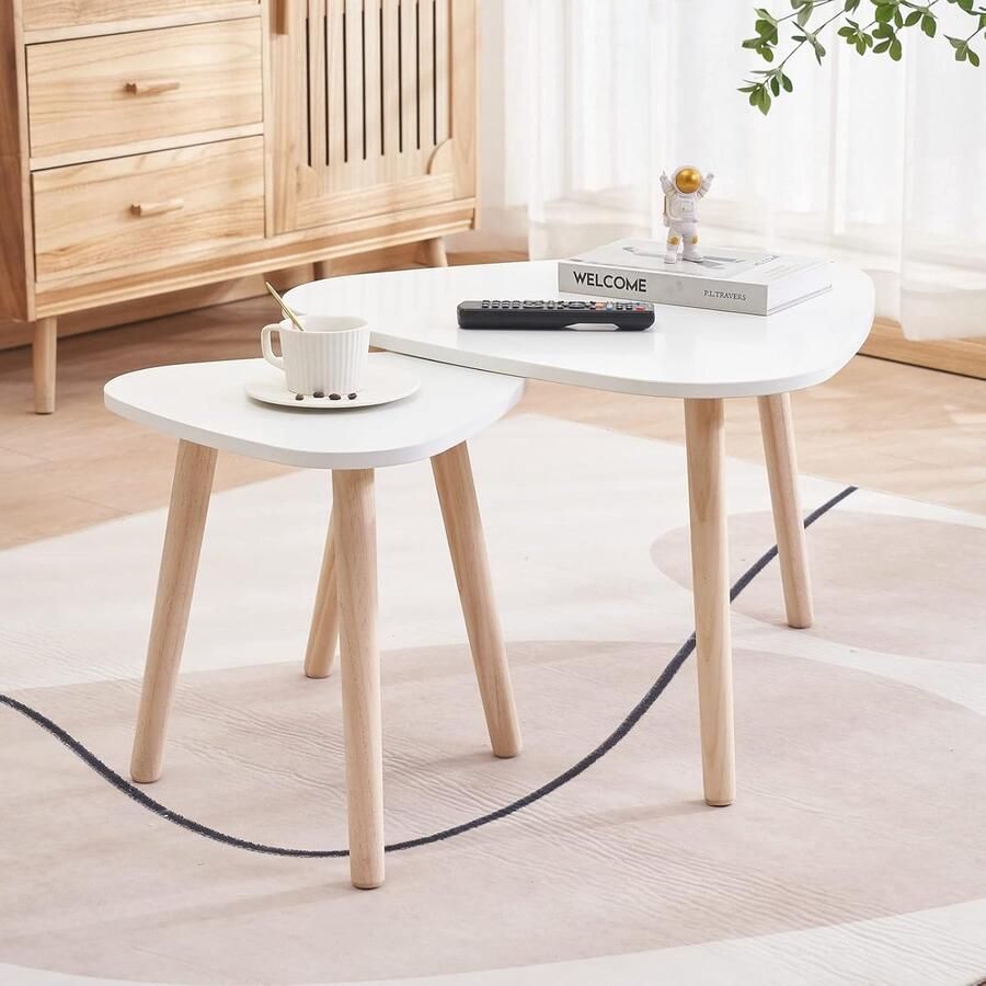 Ovaal salontafel ovale salontafel met poten van massief hout 2-delige set 55 x 55 x 45 en 40 x 40 x 40 cm (wit 2)