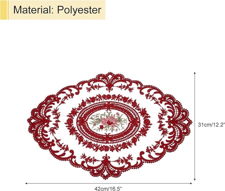 Ovaal tafelkleed van kant geborduurd donkerrood 30 5 x 40 6 cm