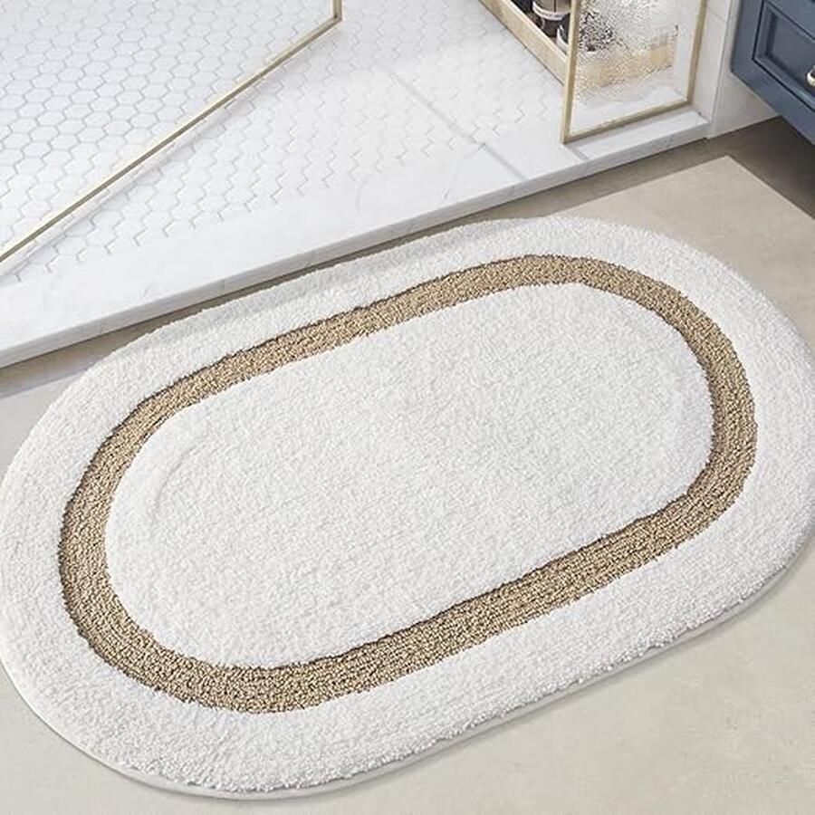 Ovale badmat van zachte en absorberende microvezel 44 x 76 cm machinewasbaar voor badkamer toilet douche en wasruimte beige