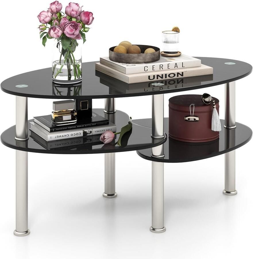 Ovale glazen salontafel met 3 planken voor woonkamer – Moderne koffietafel – 89x50x45 cm