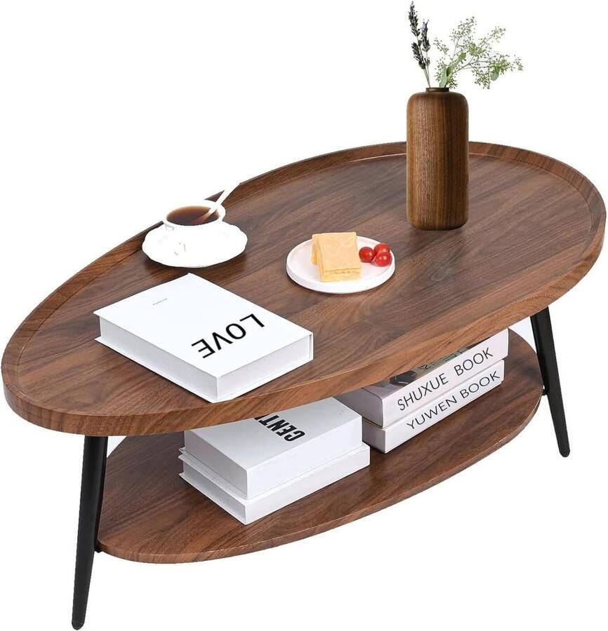 Ovale houten salontafel met opbergruimte moderne woonkamertafel voor thuiskantoor eenvoudig te monteren en industrieel design