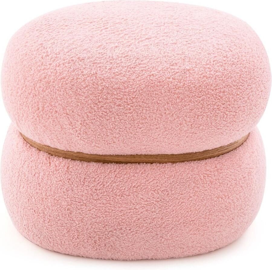 Ovale Poef van Sherpa Stof – Kruk met Stabiele Basis en Antislip Pads Veelzijdige Voetsteun Roze