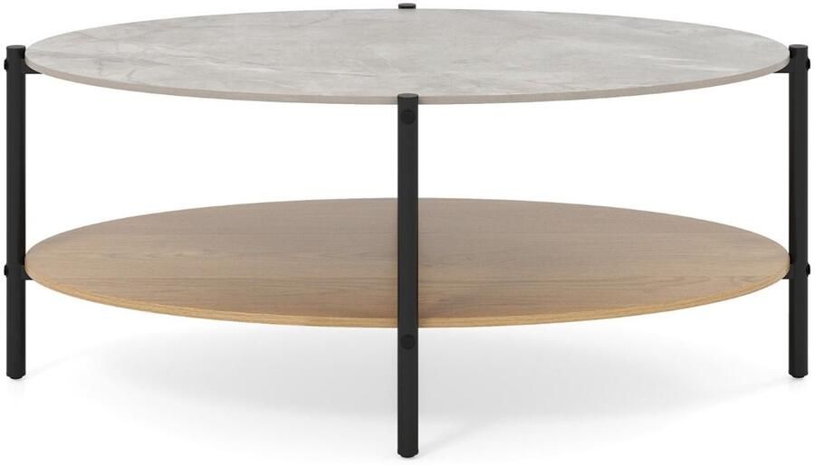 Ovale salontafel – 2 lagen stenen blad metalen frame met opbergruimte woonkamer