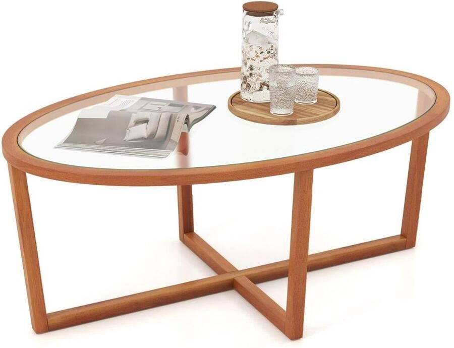 Ovale salontafel – Gehard glas moderne kruisvoet poten van bruin acaciahout