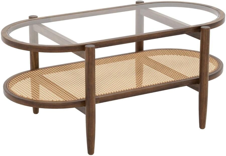 Ovale salontafel – Geharde glasplaat met acaciahouten frame 2 niveaus en open PE-rotan plank