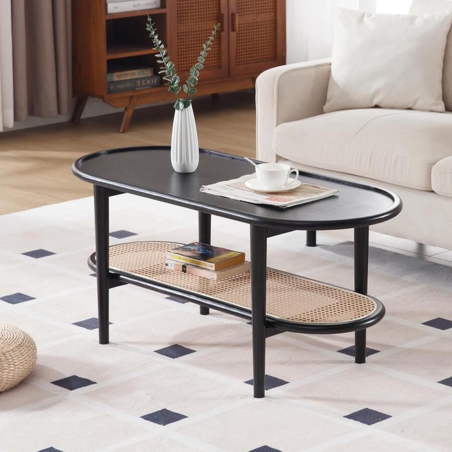 Ovale salontafel – Houten bijzettafel met rotan opbergplank kleine theetafel voor woonkamer zwart