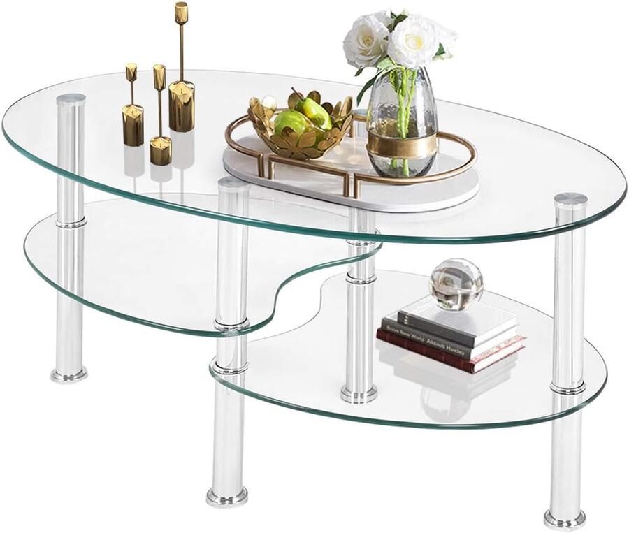 Ovale Salontafel met 3 Niveaus – Transparant Tafelblad en Modern Metalen Frame