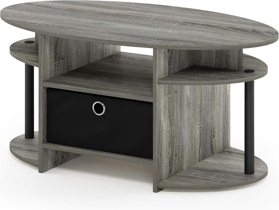 Ovale Salontafel met Opbergmand in Frans Eik Zwart Eenvoudig Design van Furinno