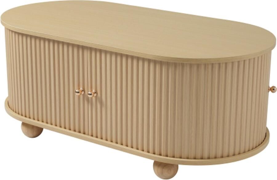 Ovale salontafel met opbergruimte en schuifdeuren – ruimtebesparend multifunctioneel meubel in houtkleur