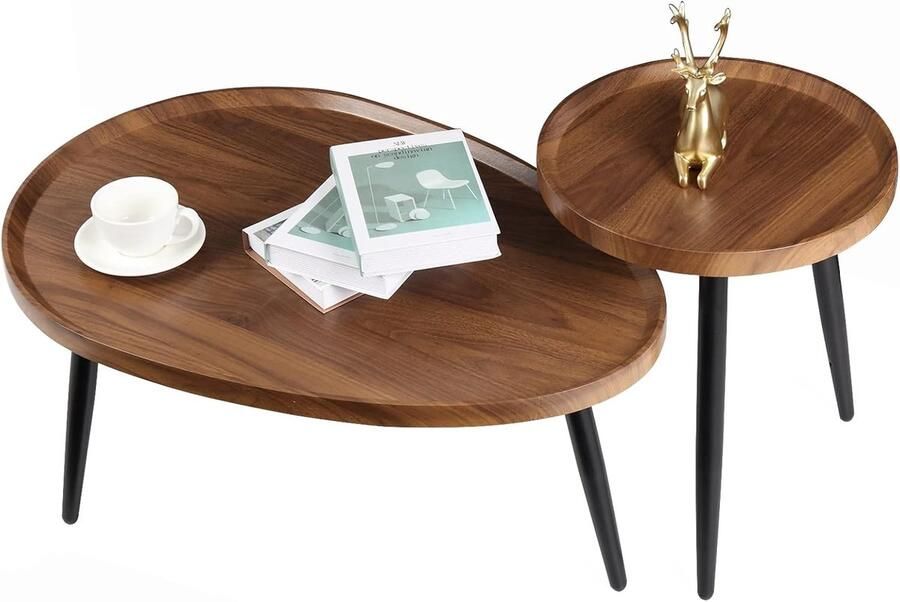 Ovale Salontafel Nestset 2 Stuks Hout & Metalen Poten Ruimtebesparend Ontwerp