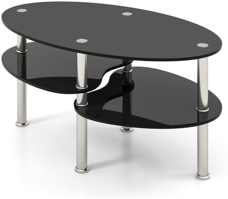Ovale salontafel van gehard glas – Moderne woonkamertafel met 3 planken metalen frame – 90x50x45 cm Zwart