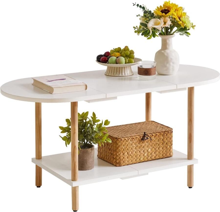 Retadou Ovale salontafel wit kleine houten salontafel voor kleine ruimtes splitsontwerp 35 * 16 * 17 inch 2-laags salontafel voor woonkamer wit YD-011W