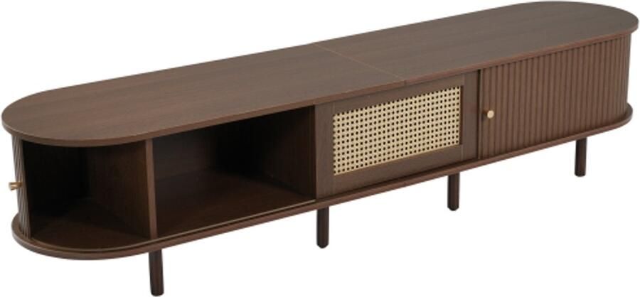 GOTAGEE Ovaler TV-Meubel in Donker Walnoothout Rattan-Design – 180 cm MDF-Design Verstelbare Poten 30 kg Draagvermogen