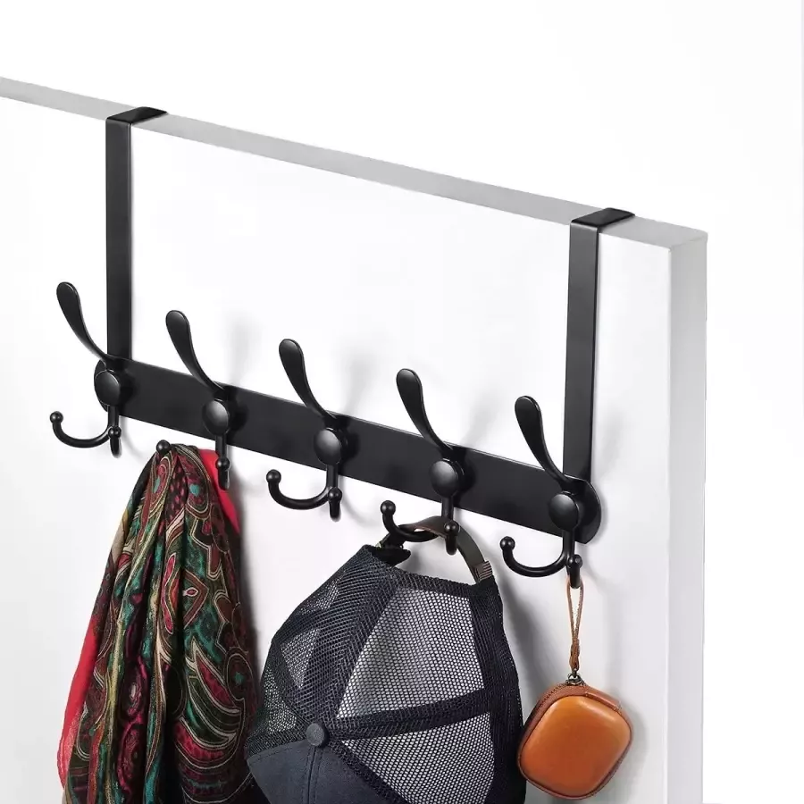 Over de Deurhaak Hanger Roestvrijstalen Hangers Voor Deur met 15 Haken Opbergrek Voor Zwaar Gebruik Wandhanger Voor Jas Kleding Handdoek Tas (Zwart Deuren Dikte 2 cm)