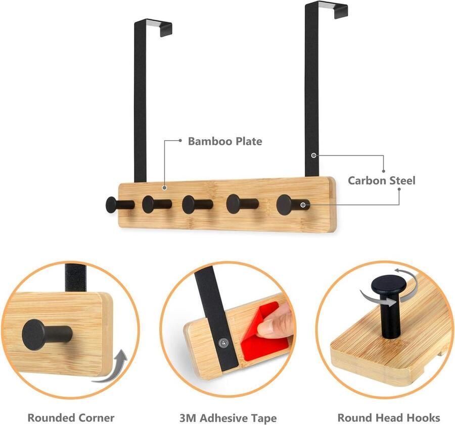 Over Door Hanger met 5 Mentale Haken Over de Deurhanger voor Badkamer Haaklijst voor Kleding Handdoek Tassen Sjaals (Houtkleur)