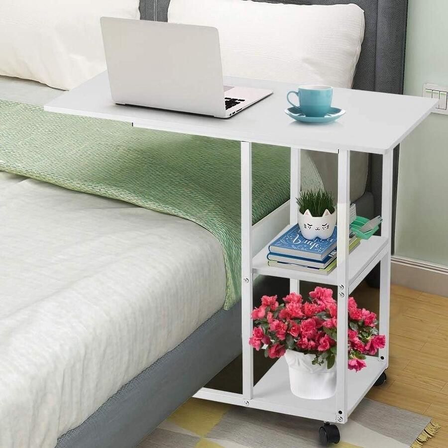 Overbedtafel met wielen draagbaar en beweegbaar nachtkastje loophulp met wielen ziekenhuisachtige tafelbank laptop computerbureau met 2-laags plank voor thuiskantoor