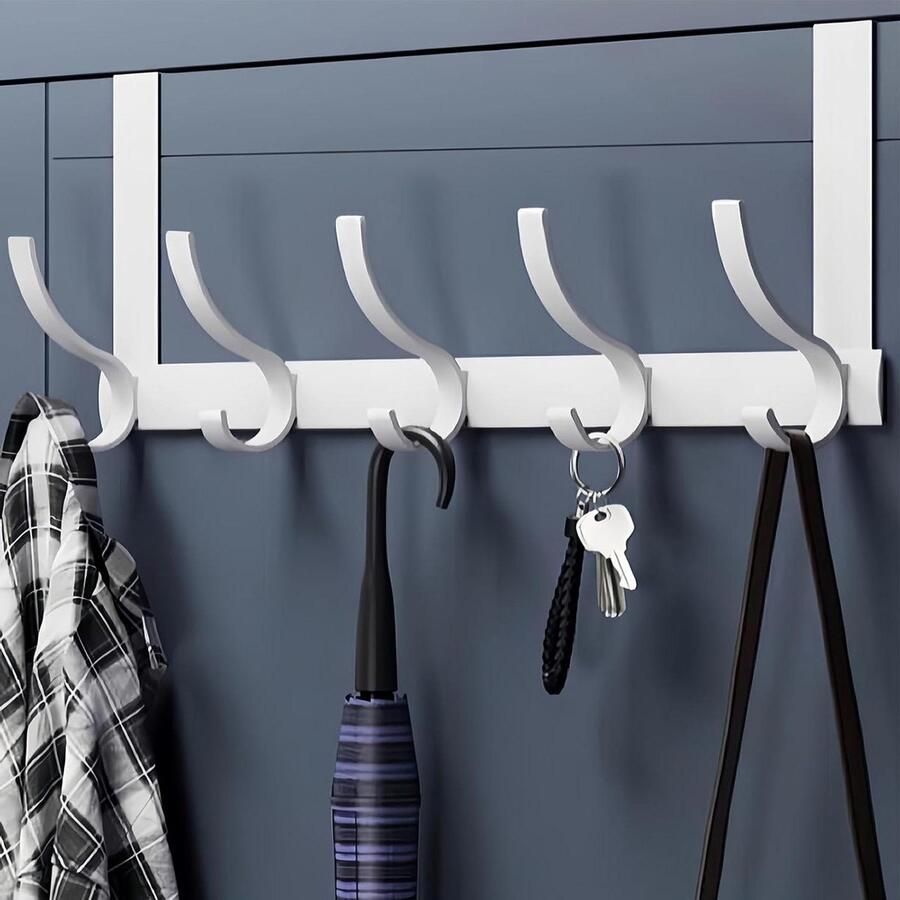 Overdeurhanger ruimtebesparende kapstokhaken voor jas handdoekentas wit 5 haken deurkapstok opdekdeur