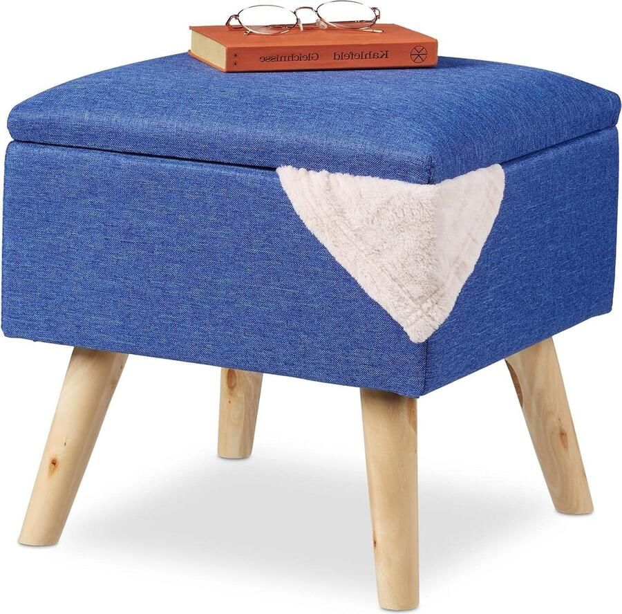 Overtrek Van Kunstlinnen Poef Met Opbergruimte Gepolsterde Hocker Met Deksel Blauw 40x40x40 cm