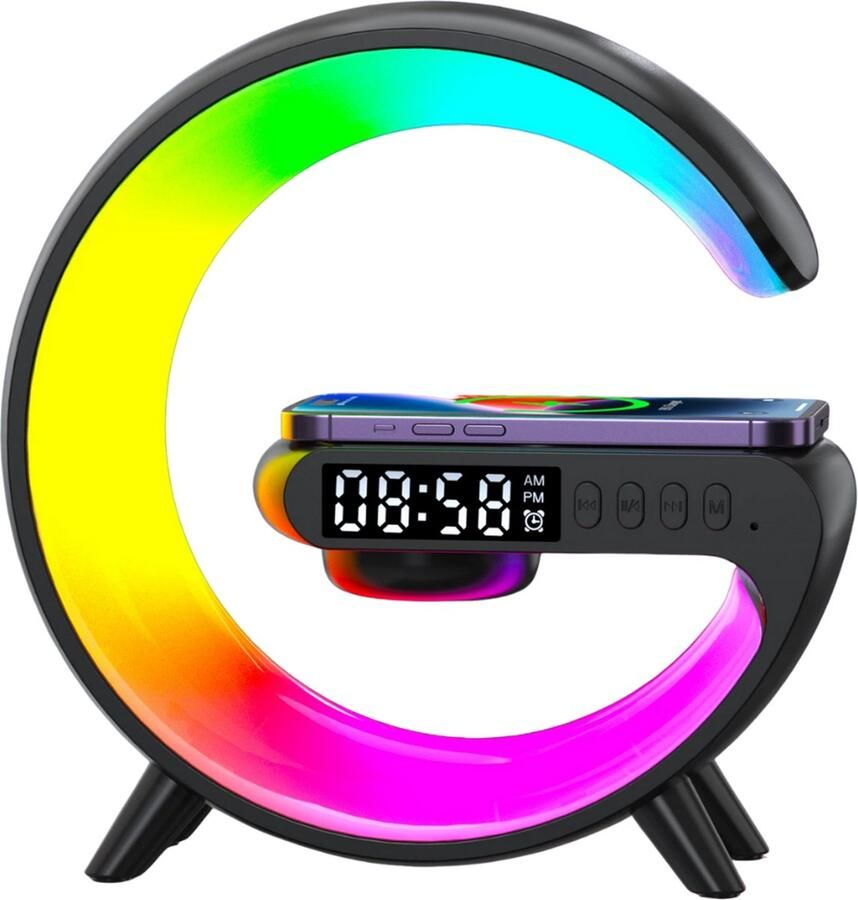 P&P Goods Wake up light PRO Versie Met Draadloze Oplader Lichtwekker Bureaulamp LED Light Bluetooth Speaker Nachtlamp Digitale Wekker Zwart