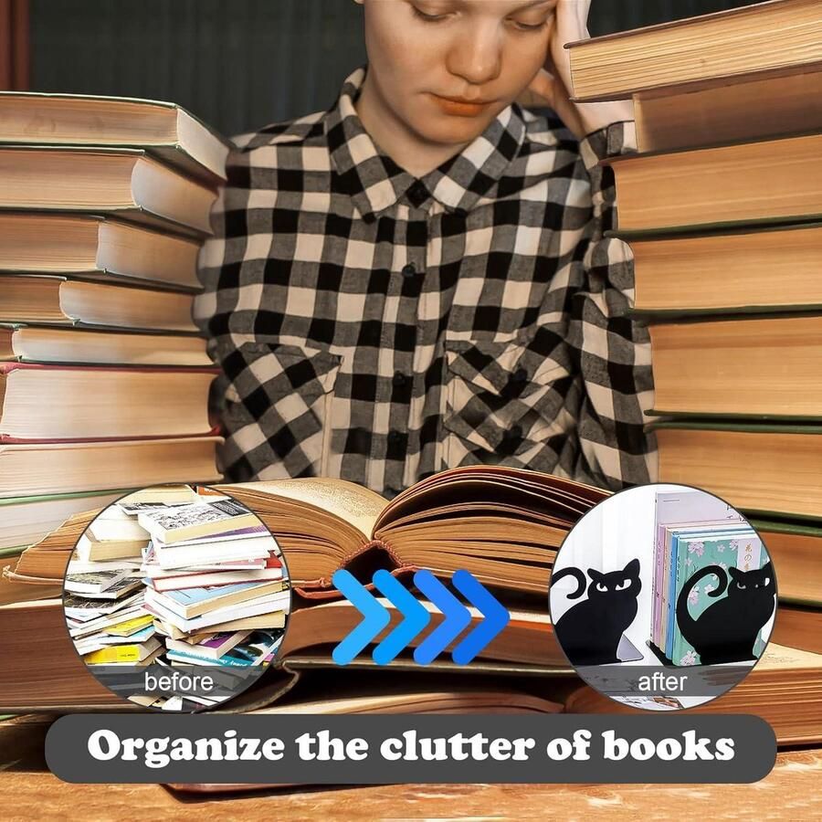 Paar boekensteunen metaal kat antislip boekenstandaard zwart boekenhouder voor boeken dvd's voor plank kantoor bibliotheek huis en school boekensteun