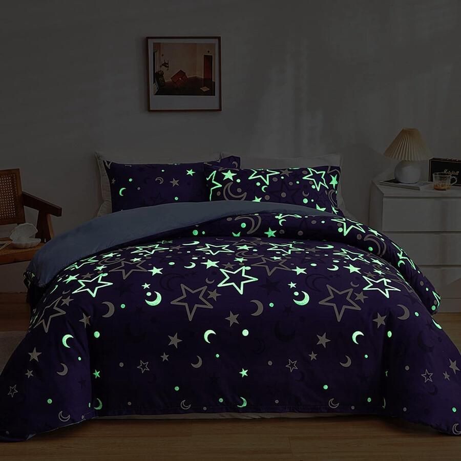 Paars beddengoed 135 x 200 cm kinderbeddengoed ster maan oplichtend in het donker eenpersoonsbed dekbedovertrek violet blauw omkeerbaar beddengoed voor dames meisjes zachte