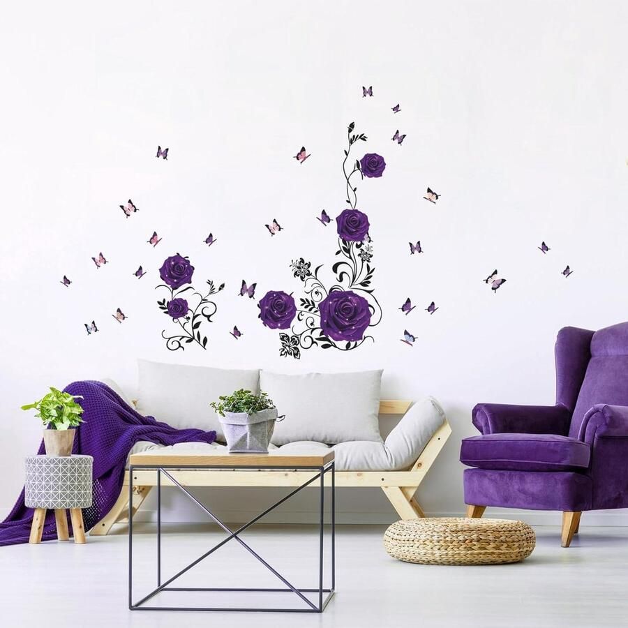 Paarse Roos Muurstickers Bloemen Wijnstok Paarse Pioenrozen Muurstickers DIY Vinyl Muurkunst voor Slaapkamer Woonkamer Bank Achtergrond TV Muurdecoratie